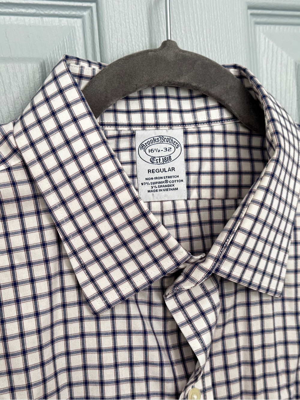 Brooks Brothers Navy Red White Plaid Mens 16.5 - 32 Button Down Non Iron Cotton